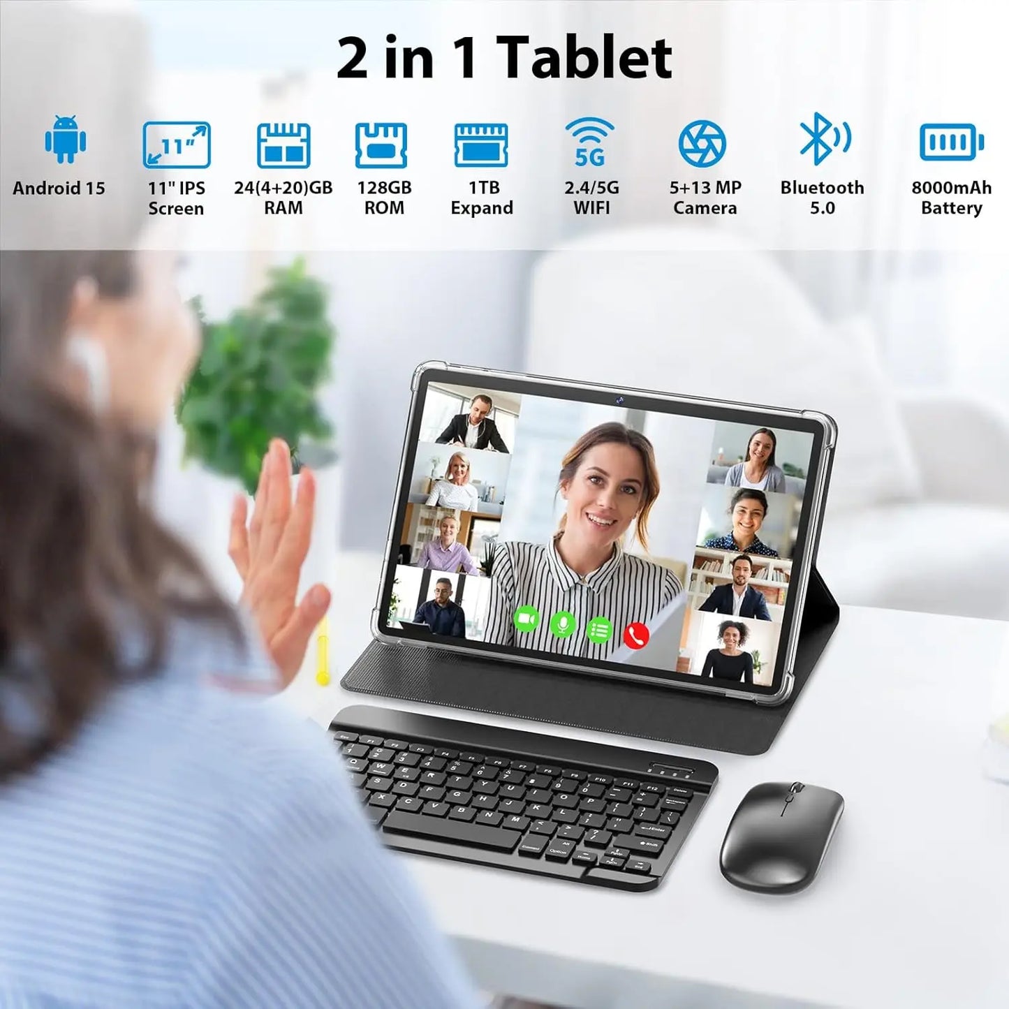 Android Tablet, 11 Inch Android 15 Tablet with Keyboard, 24GB+128GB, 2TB Expand, 8000mAh, 5MP+13MP, 5G WiFi, Mi IPS Touch Screen
