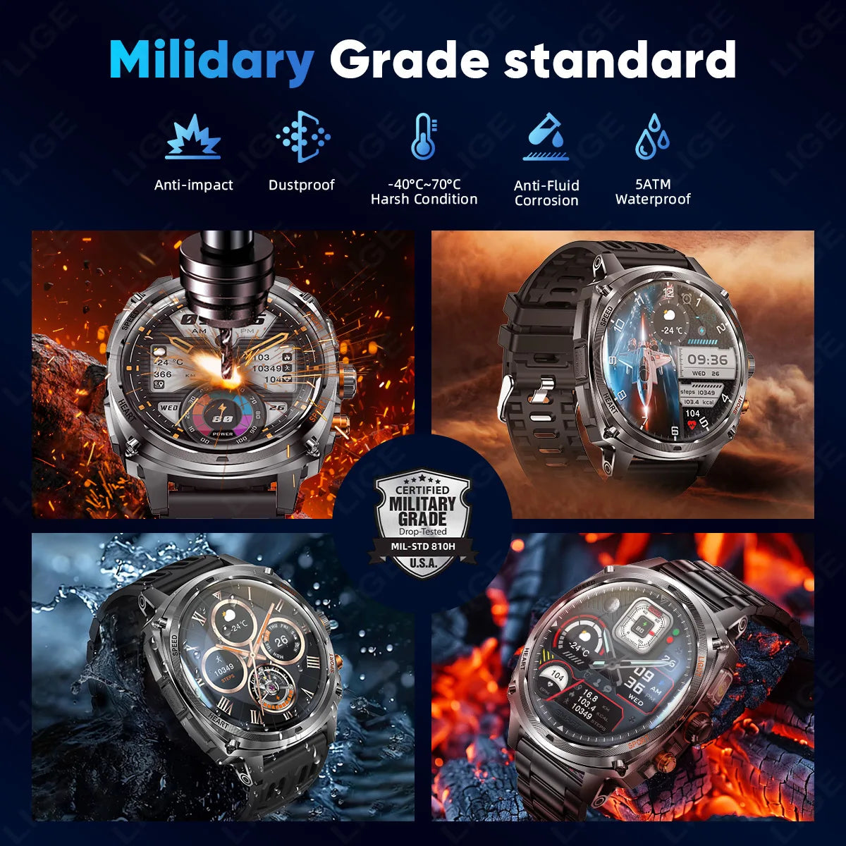 LIGE NEW Smart Watch Men 800mAh Large Battery Bluetooth Call IP67 Waterproof Smartwatch 100+Sport Health Monitor Smartwatches