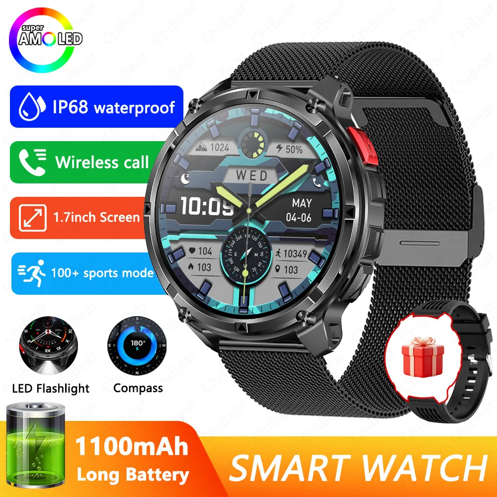 GPS Outdoor Sports Smartwatches 1100mAh Large Battery LED Light Compass 3ATM Waterproof Bluetooth Call Smart Watch 2025 New