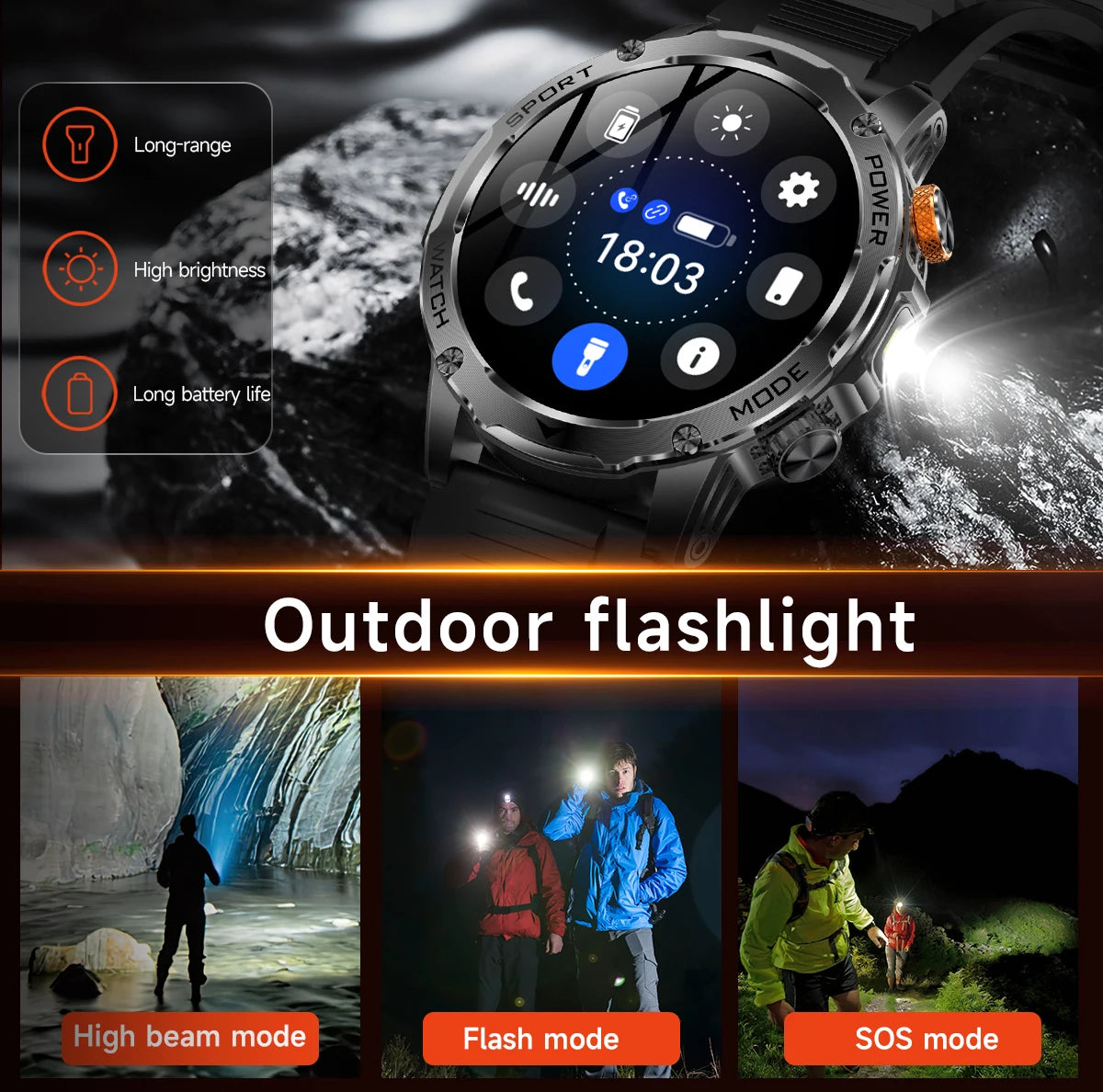LIGE New Smart Watch Men 1000mAh Large Capacity Battery Outdoor Flashlight Bluetooth Call Waterproof Sport Fitness Smartwatch