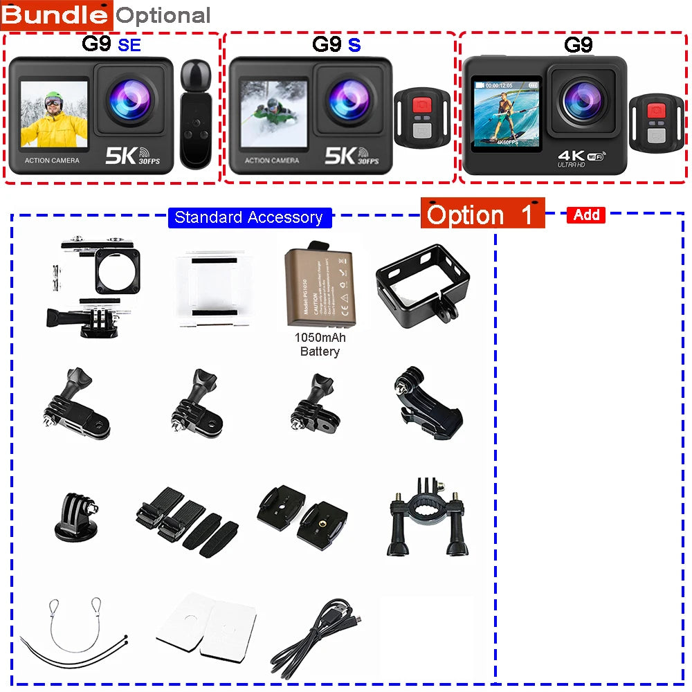 Action Camera 5K 4K60FPS 50MP 2.0 Touch EIS Pre-Record Wireless Mic Wi-Fi 170D DVR Webcam Waterproof 30M 5X Zoom Sports Camera