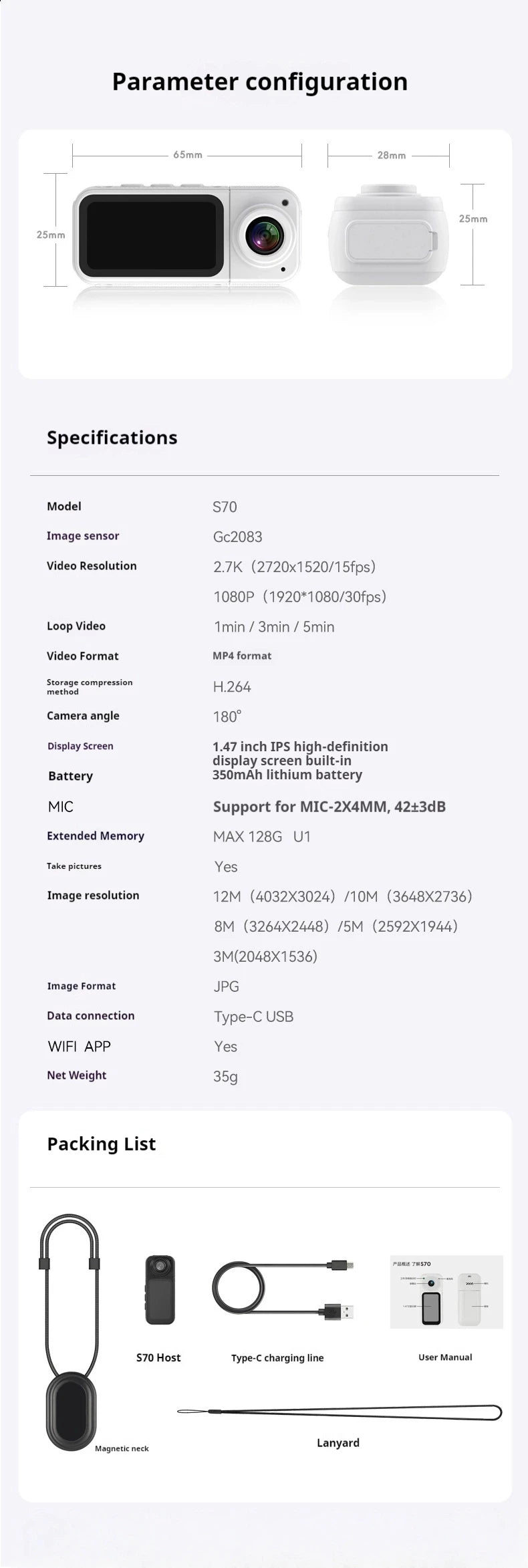 Thumb Camera New S70 Rotating Camera Outdoor Magnetic Sports Long Range Essential For Bloggers Christmas Gift 128GB memory