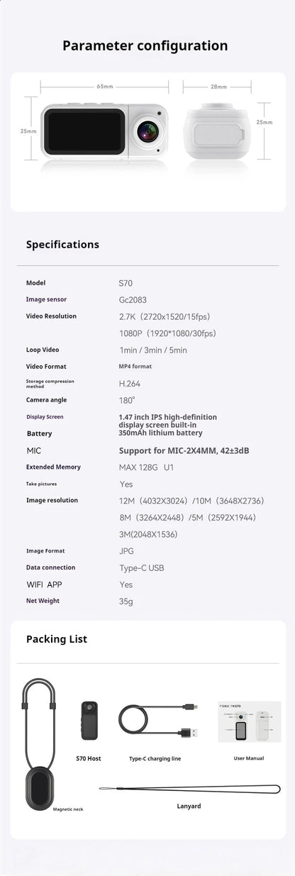 Thumb Camera New S70 Rotating Camera Outdoor Magnetic Sports Long Range Essential For Bloggers Christmas Gift 128GB memory