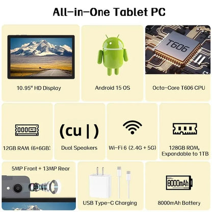 Android 15 Tablet with Keyboard, 12GB RAM (6+6), 128GB Storage, 1TB Expandable, 8000mAh Battery, 10.95 Inch 2-in-1 Tablets PC