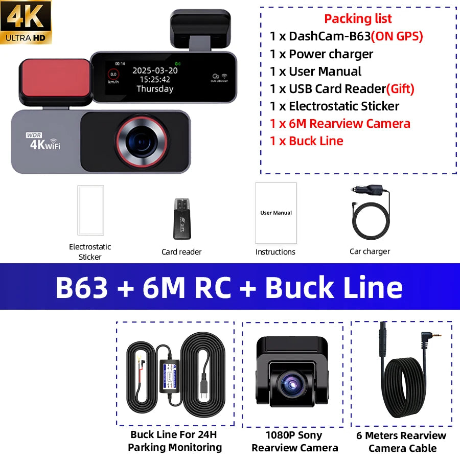 Dash Cam 4K HD Ultra Wide Angle Loop Recording Dash Cam Built-in WiFi Optional Dual Lens 24 Hours Parking Monitoring