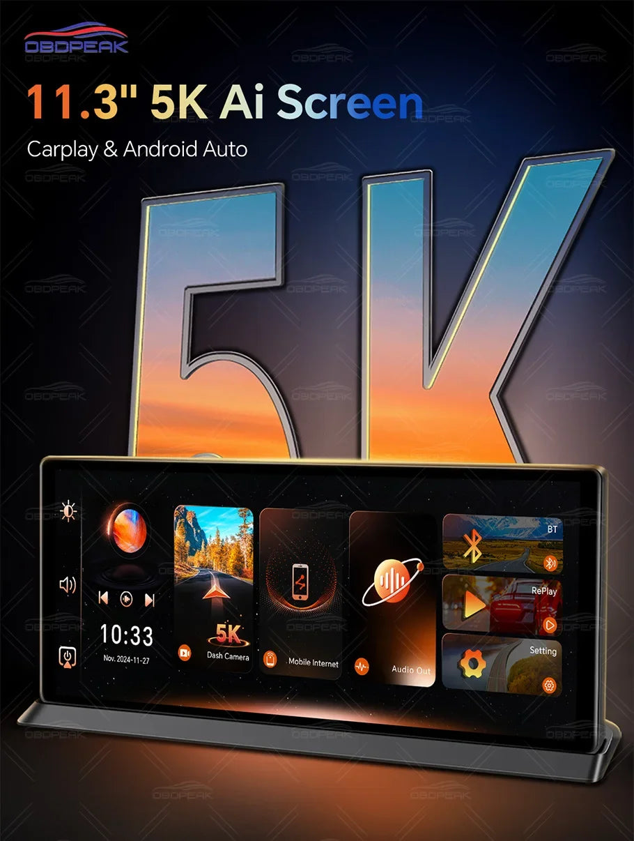 Dash Cam 5K Front Rear Car Camera Wireless CarPlay & Android Auto  WiFi GPS 11.3" Touch Screen GPS Navigation Night Vision DVR