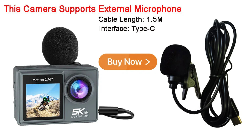 5K 4K60FPS Action Camera Dual IPS Touch LCD DVR EIS 170° 30M Waterproof 5X Zoom Sport Camera With Wireless Mic&Remote Control