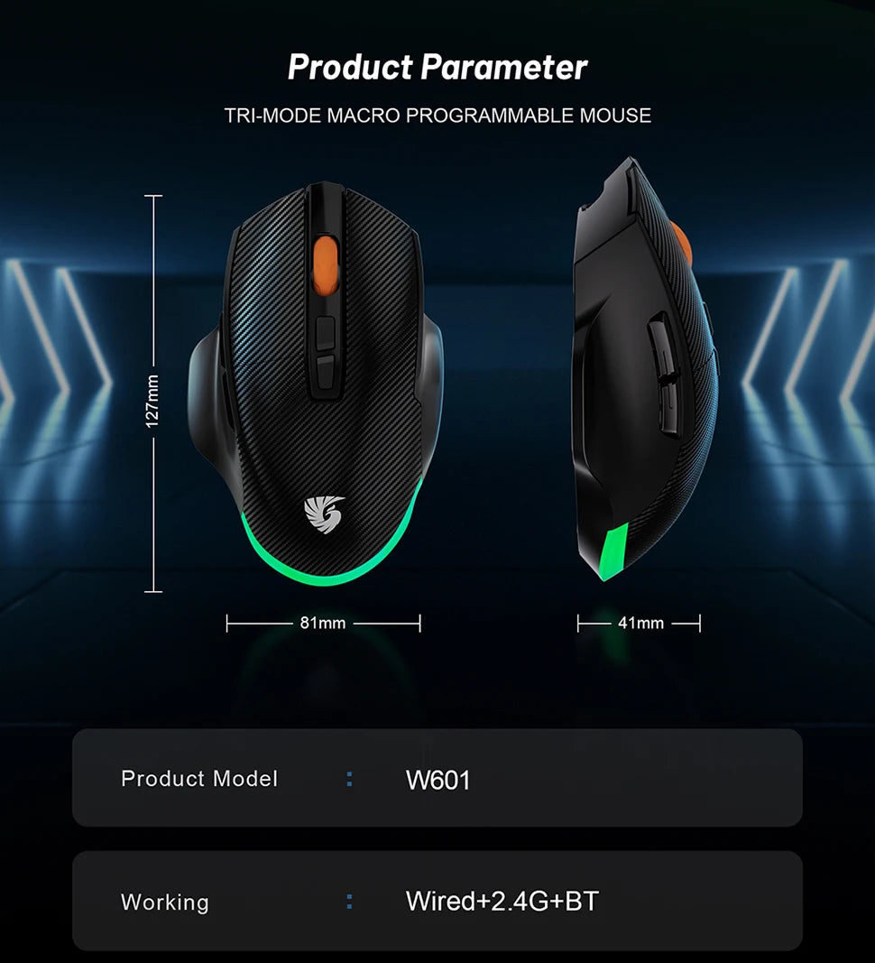 Wireless Game Mouse 12800DPI 1000Hz BT/2.4G/Wired 7 Buttons Macro Mouse for E-sports Ergonomic Design RGB Backlit