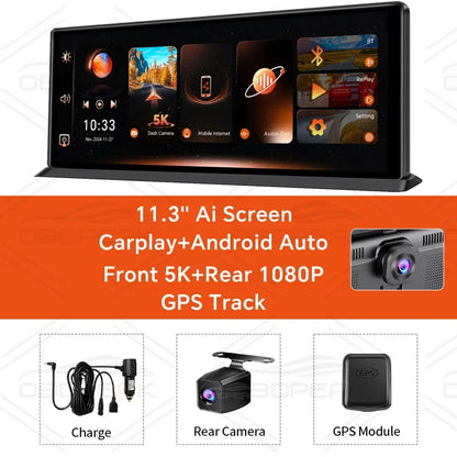 Dash Cam 5K Front Rear Car Camera Wireless CarPlay & Android Auto  WiFi GPS 11.3" Touch Screen GPS Navigation Night Vision DVR