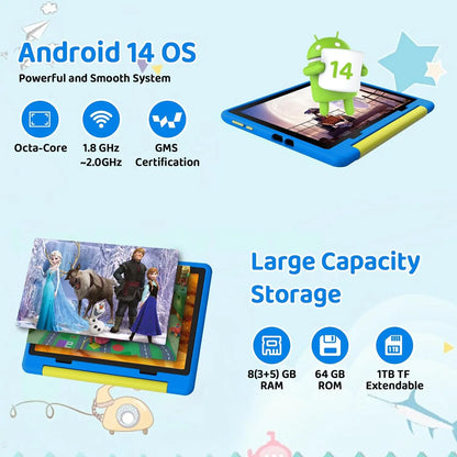 URAO 10 Inch Cartoon Pattern Kids Tablet Android Octa-Core 8GB RAM 64GB ROM Learning Education Games Tablets Children's Gifts
