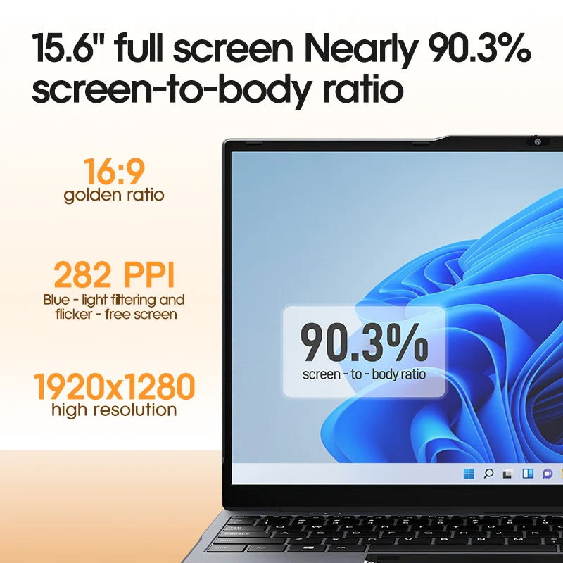 15.6" Ultra Slim Laptop 16GB RAM 512GB SSD Intel N5095 Notebook 1920*1080 FHD Screen Windows 10 Office Study Portable Computer