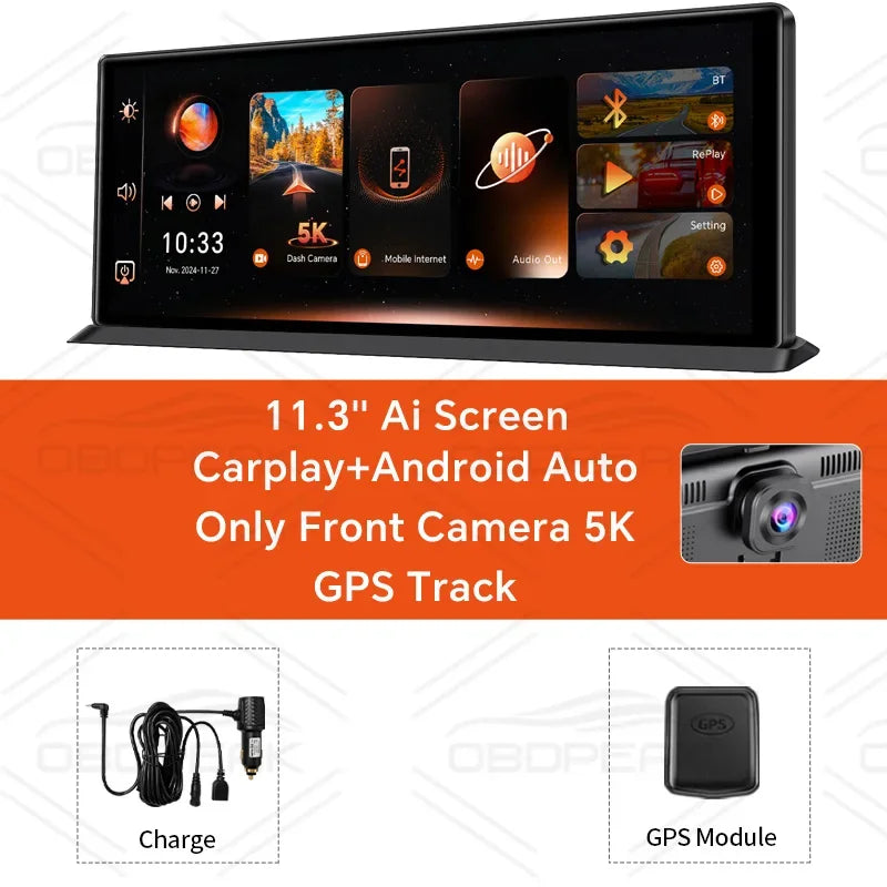 Dash Cam 5K Front Rear Car Camera Wireless CarPlay & Android Auto  WiFi GPS 11.3" Touch Screen GPS Navigation Night Vision DVR
