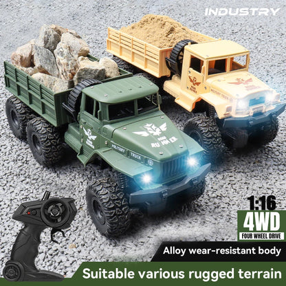 1/16 2.4G Aluminum Alloy RC Truck Six Wheel Military Edition with LED Lights Outdoor Remote Control Cars Toys Gift for Children