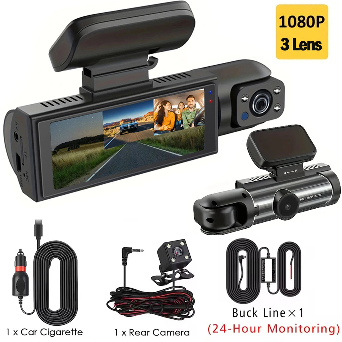 Dash Cam for cars 1080P 3-Lens car camera Night Vision Loop Recording wide angle Car DVR Came Front And Inside Car Dash Recorder
