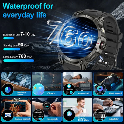 New Military Smart Watch Men 760mAh Large Battery LED Flashlight Compass 1.8"HD Screen Heart rate Waterproof BT Call Smartwatch
