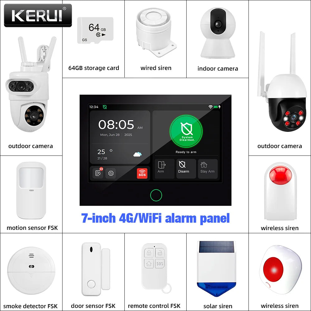 KERUI G70 4G Alarm Security System 7-inch Large IPS Touch Screen Home Alarm for House Security Protection Alexa Tuya Smart APP