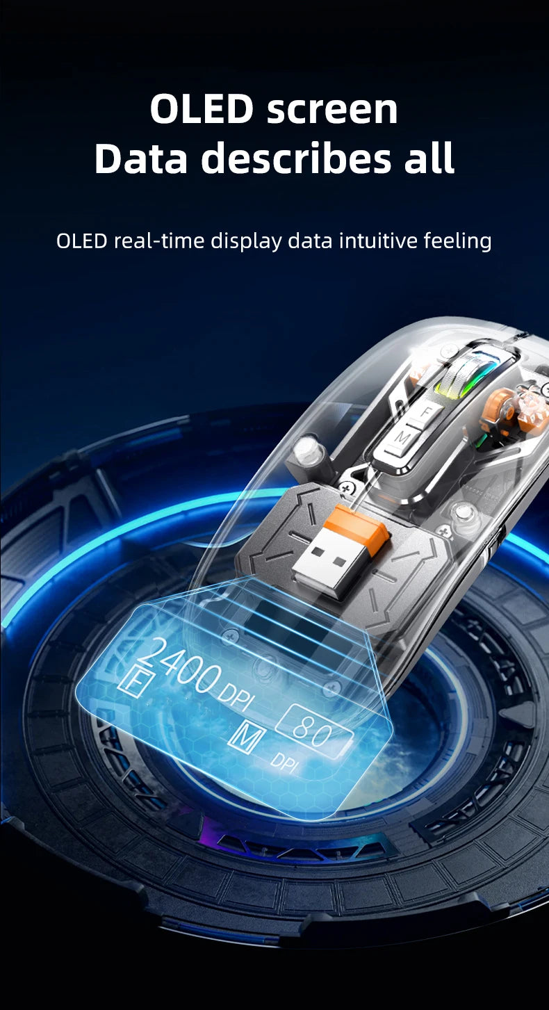 Full of technological sense! Translucent wireless mouse with multi-mode connection and metal roller.