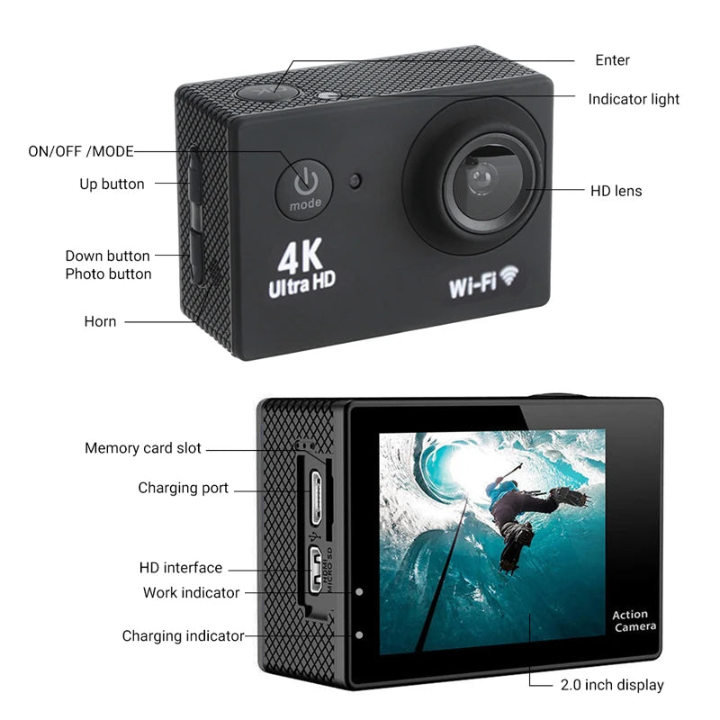 Ultra HD 4K Action Camera 1080P/30FPS 2.0 inch Screen WiFi Remote Control Mini Cameras Waterproof DV Helmet Go Sport Camera Pro