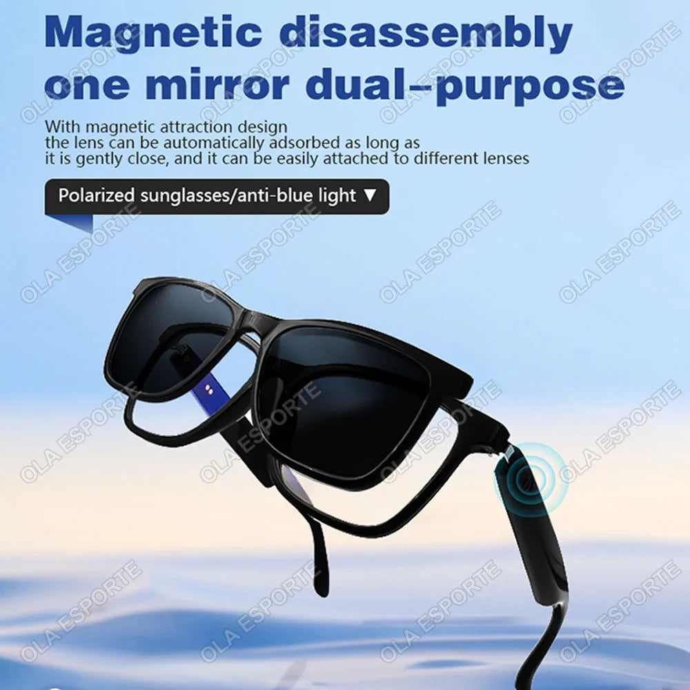 Hot GS05 Smart Glasses For Men 2 in 1 UV Protection Portable Polarized Anti-blue light Black Frame White Lenses Music Sunglasses