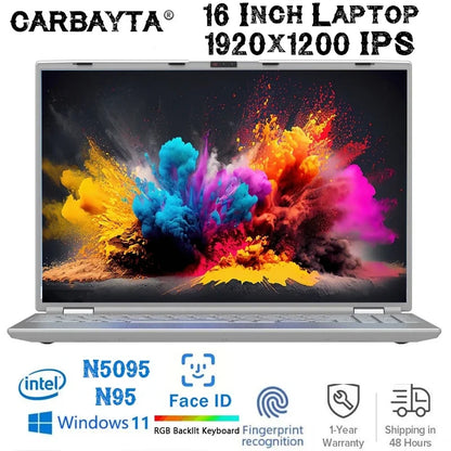 Face ID Intel Notebook N95 Graphics UHD 16" Laptop 16GB 32GB RAM Max 2TB ROM Windows 11 Wifi 5 BT 4.2 RGB Keyboard