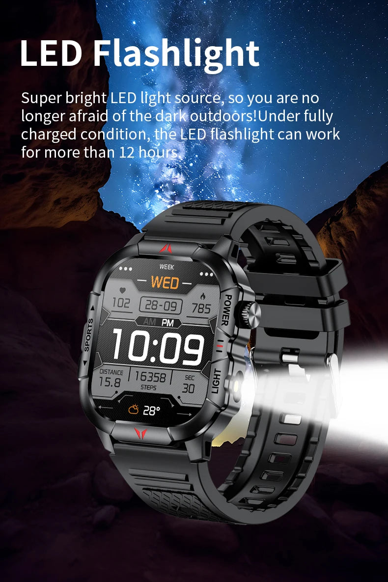 LIGE Smart Watch LED Flashlight Men Waterproof Watches 2.01-inch HD Screen Health Bracelet Military Outdoor Sport Smartwatch Man