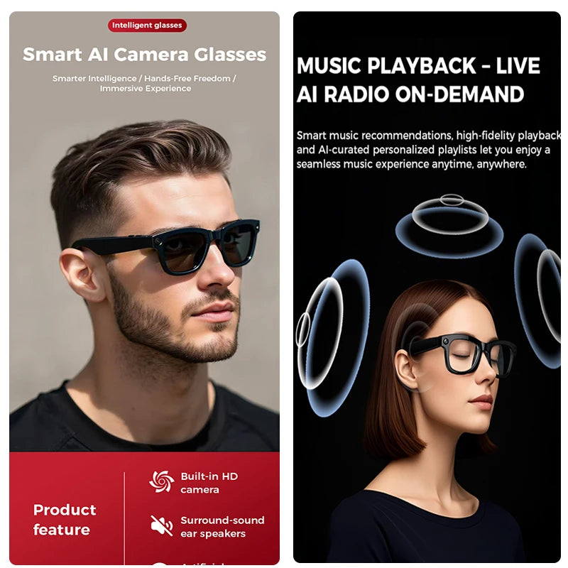 2025 New 800w HD Smart Glasses UV Protective Voice Assistant Touch Control Hands-Free Sound Surround Local Music Smart Glasses