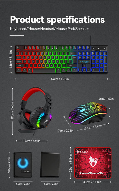 Five-piece Gaming Combo 104 Keys Keyboard 4-color Breathing Light Mouse 3.5mm Gaming Headset Gaming Speaker Anti-slip Mouse Pad