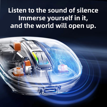 Full of technological sense! Translucent wireless mouse with multi-mode connection and metal roller.