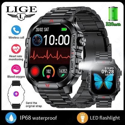LIGE Smart Watch LED Flashlight Men Waterproof Watches 2.01-inch HD Screen Health Bracelet Military Outdoor Sport Smartwatch Man