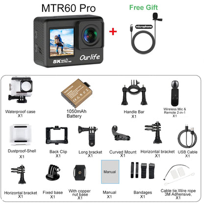 Ourlife 5K 4K60FPS Action Camera IPS Touch LCD EIS 170° DVR 30M Waterproof 5X Zoom Sport Camera With Wireless Mic&Remote Control