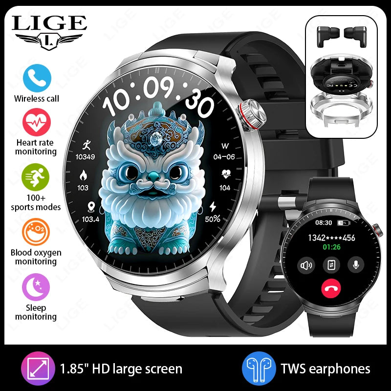 LIGE 2025 Smart Watch 2 in 1 With Earphone Smartwatch Bluetooth Call Men Watch AI Voice Heart Rate Monitor Play Music SmartWatch