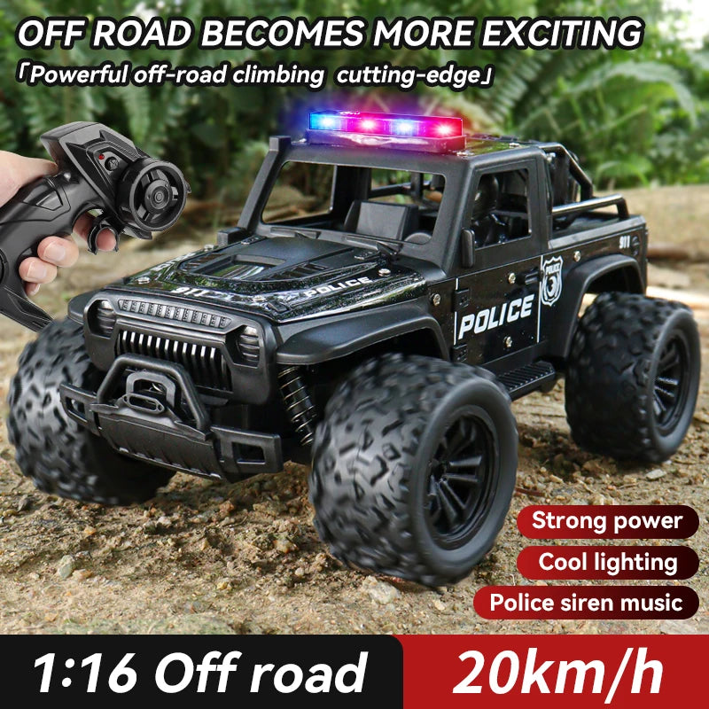 Remote-controlled off-road police car, cool police lights, simulated siren sounds, 1:16 scale alloy body,Spring shock absorption