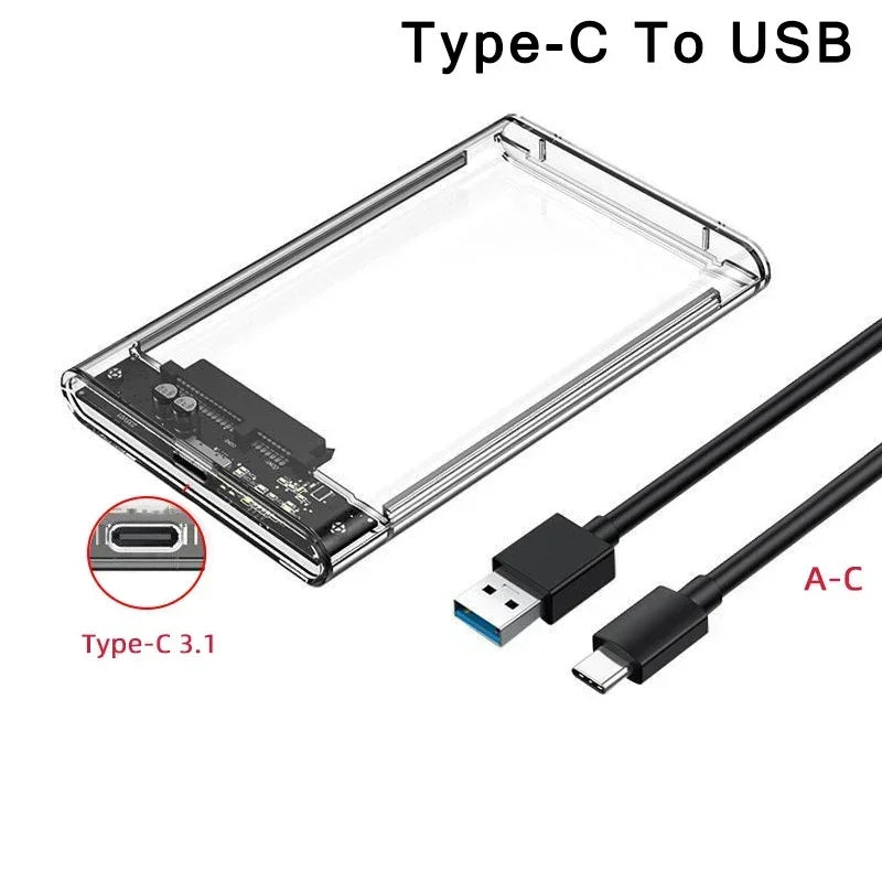USB 3.0/Type C External Hard Drive Enclosure 2.5 Inch SATA to USB3.0 UASP Clear Portable Hard Drive Case HDD Tool-Free