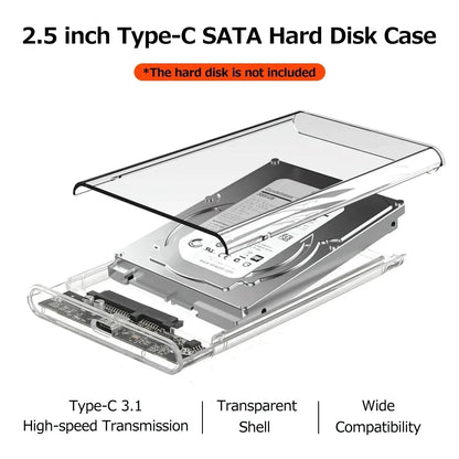 USB 3.0/Type C External Hard Drive Enclosure 2.5 Inch SATA to USB3.0 UASP Clear Portable Hard Drive Case HDD Tool-Free