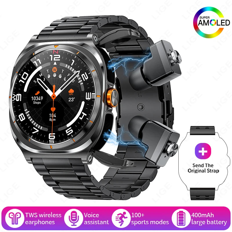 2025 New Smart Watch With 2 in 1 TWS Wireless Headset Bluetooth Call 1.53" AMOLED Screen 400mAh IP67 Waterproof Sport Smartwatch