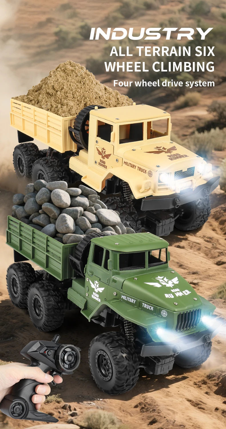 1/16 2.4G Aluminum Alloy RC Truck Six Wheel Military Edition with LED Lights Outdoor Remote Control Cars Toys Gift for Children