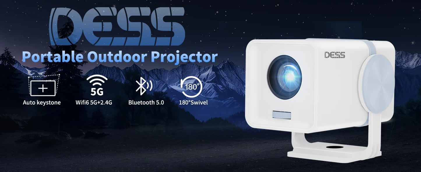 DESS Mini Projector Outdoor Portable Powered By Power Bank 4K Decoding Native 720P WiFi 6 BT 5.0 180°Rotatable Movie Projector