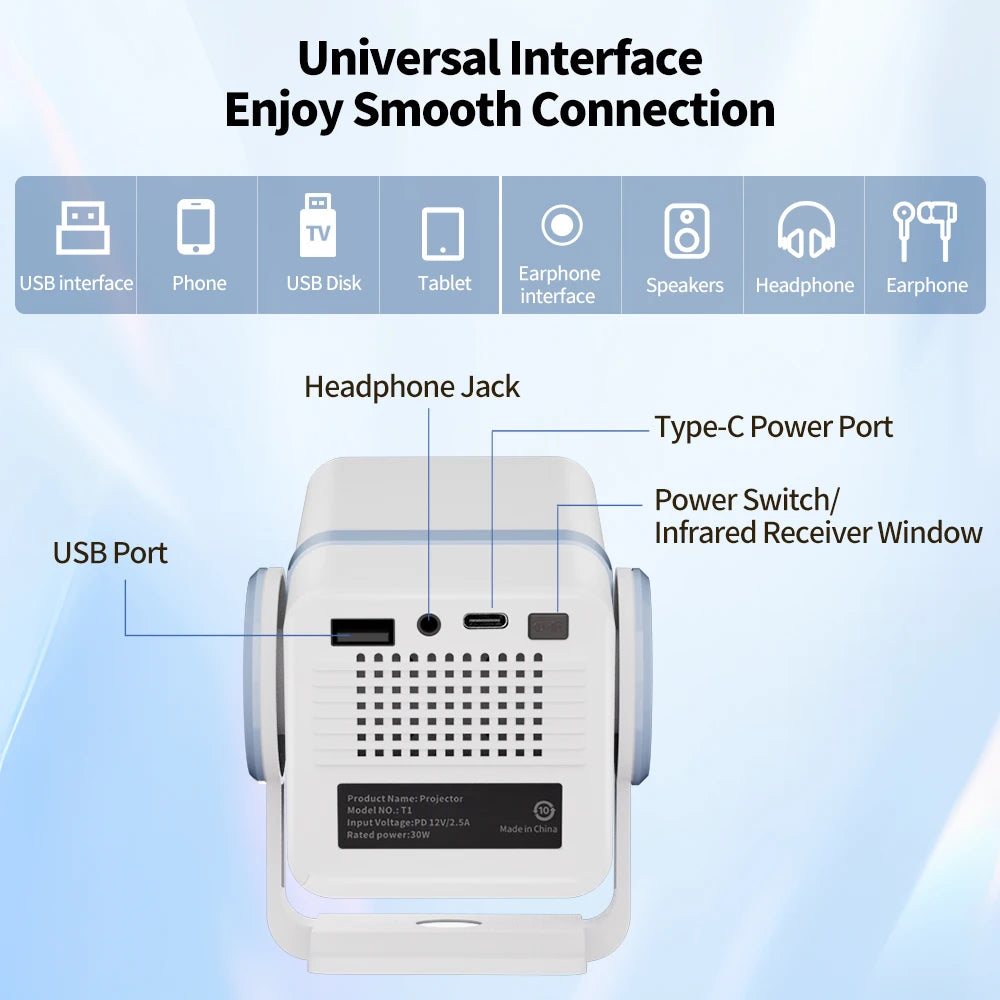 DESS Mini Projector Outdoor Portable Powered By Power Bank 4K Decoding Native 720P WiFi 6 BT 5.0 180°Rotatable Movie Projector