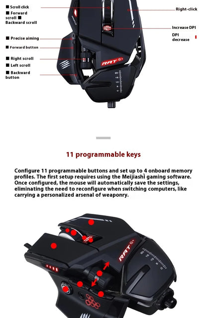 MeiJiaLion RAT6+ Wired Mechanical Gaming Mouse With Weight RGB Computer Esports Mouse Controller Black And White For Gamers