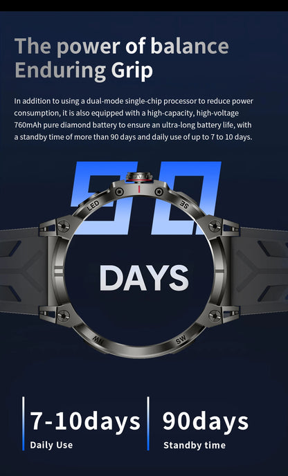 New Military Smart Watch Men 760mAh Large Battery LED Flashlight Compass 1.8"HD Screen Heart rate Waterproof BT Call Smartwatch