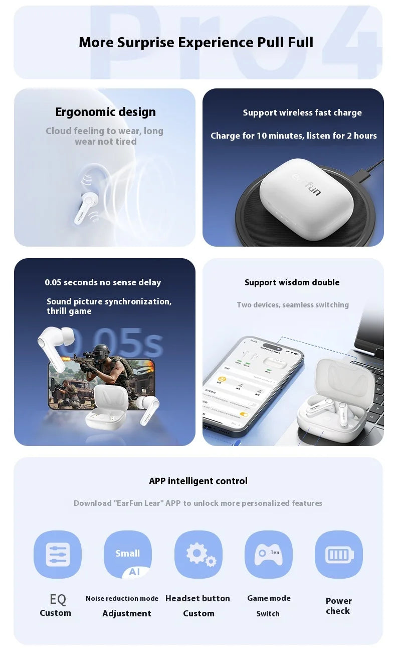 EarFun Air Pro 4 Wireless Earphone Active Noise Reduction HI-FI Bluetooth5.4 Earphones E-sports IPX5 Waterproof PC Gamer Earbuds