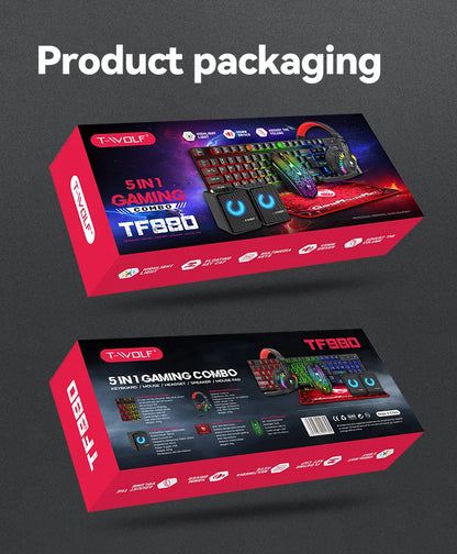 Five-piece Gaming Combo 104 Keys Keyboard 4-color Breathing Light Mouse 3.5mm Gaming Headset Gaming Speaker Anti-slip Mouse Pad