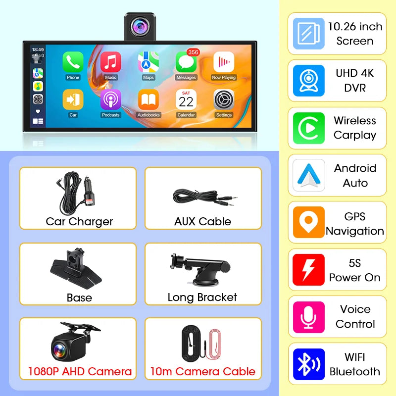 4K Dash Cam 10.26 inch Carplay & Android Auto Car DVR Video Recorder Dahscam Camera 5G Wifi GPS Navigation FM AUX 360 ° Rotation