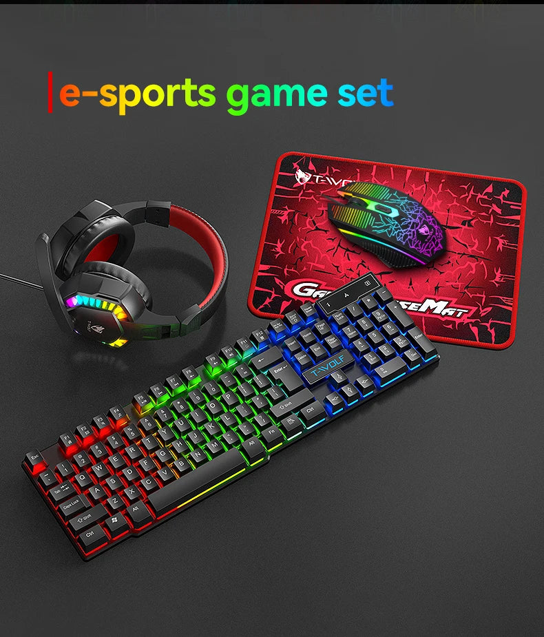 USB Keyboard And Mouse Gaming Headset Combos 4 In 1 English Gaming Wired RGB Keyboard Mouse Set With Mouse Pad and Headphones
