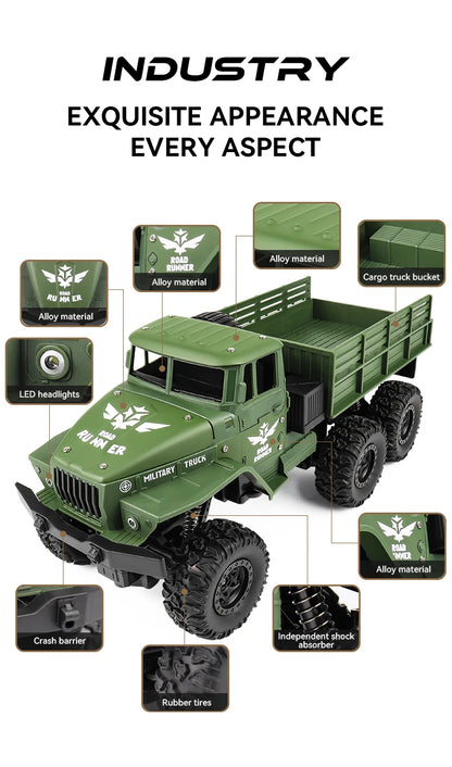 1/16 2.4G Aluminum Alloy RC Truck Six Wheel Military Edition with LED Lights Outdoor Remote Control Cars Toys Gift for Children