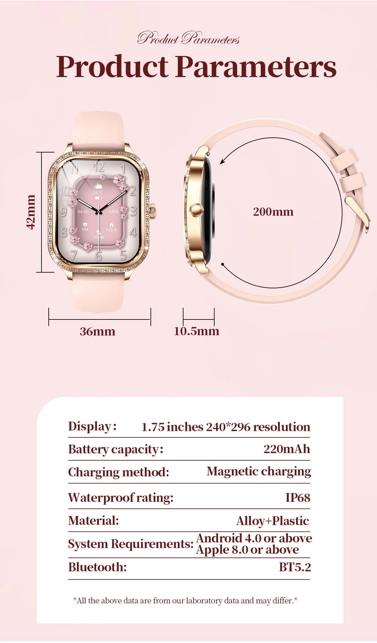LIGE Fashion Women Smart Watch 1.75inch Curved Screen Sport Bracelet BT HD Calling Clock IP68 Waterproof Diamond Case Smartwatch