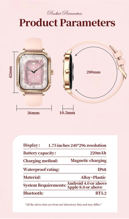 LIGE Fashion Women Smart Watch 1.75inch Curved Screen Sport Bracelet BT HD Calling Clock IP68 Waterproof Diamond Case Smartwatch