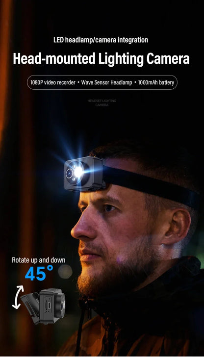 Action Camera Headlight First Perspective 2MP Sports Camera Smart Wave Hand Induction Video Recorder Built-in Battery Action Cam