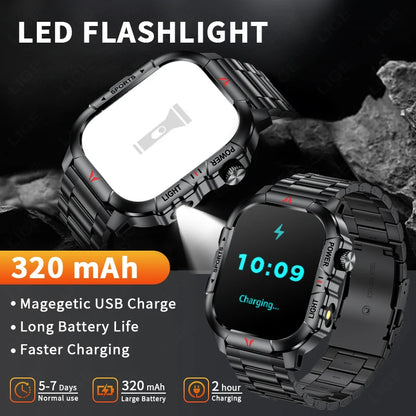 LIGE Smart Watch LED Flashlight Men Waterproof Watches 2.01-inch HD Screen Health Bracelet Military Outdoor Sport Smartwatch Man