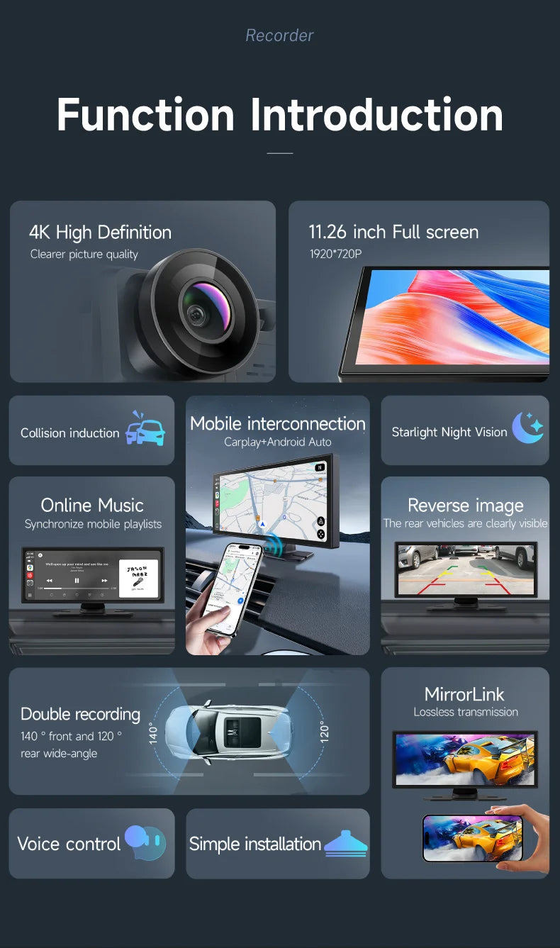 11.26 inch IPS Touch Screen Multimedia Video Player Portable 4K Car DVR Wireless CarPlay Android Auto Dual Lens Driving Recorder